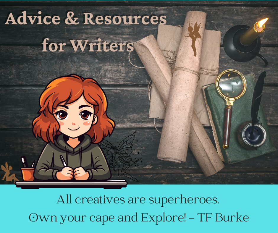 Cartoon red-haired writer at desk with scrolls, candle, and magnifying glass, with the text “Writing Advice & Resources.”