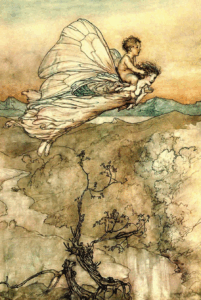 Vintage illustration of a winged faery carrying a child through the sky above a forested landscape.