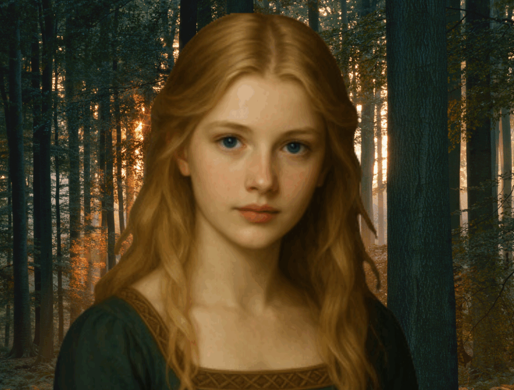 Young woman with long golden-blonde hair and dark blue eyes wearing a green medieval gown, standing in a sunlit forest.