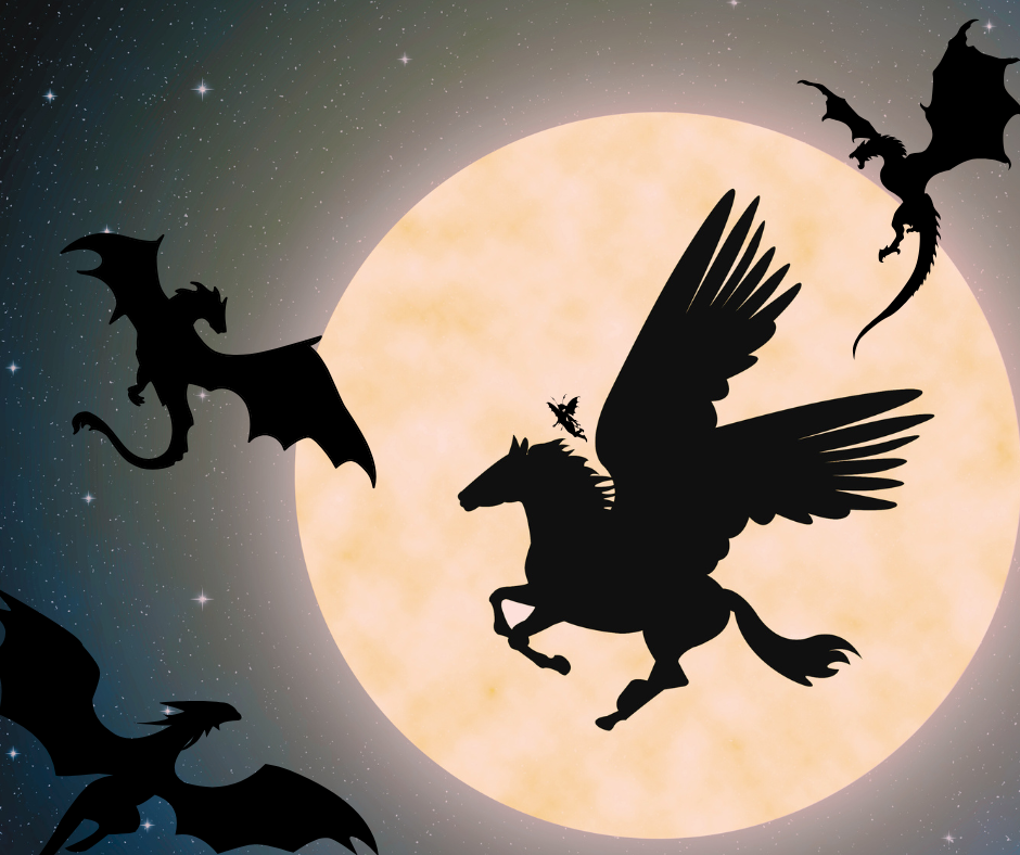 Silhouette of a Pegasus rider facing dragons in front of a glowing moonlit sky.