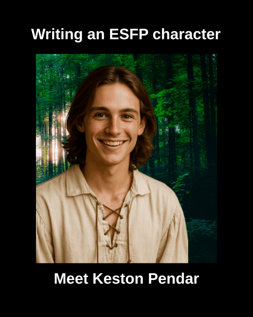 A smiling teenage boy with shoulder-length light brown hair and sparkly eyes, wearing a cream medieval poet shirt, stands in front of a forest backdrop. Text above reads “Writing an ESFP character” and below reads “Meet Keston Pendar.”