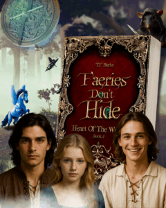 A fantasy-themed promotional image for Faeries Don’t Hide (Heart of the Worlds, Book 3) by T.F. Burke. The book stands upright with an ornate red and gold cover. In the background, a glowing astrolabe, a blue pegasus, and a silhouette of a faery appear in a misty forest. A wererat peeks from behind the book with a dagger. Three characters—two young men and one young woman—stand in front, the story’s protagonists.