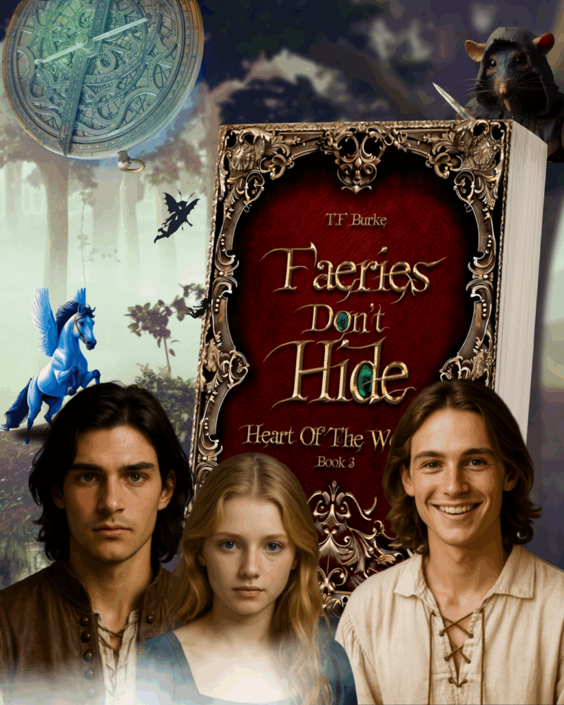 A fantasy-themed promotional image for Faeries Don’t Hide (Heart of the Worlds, Book 3) by T.F. Burke. The book stands upright with an ornate red and gold cover. In the background, a glowing astrolabe, a blue pegasus, and a silhouette of a faery appear in a misty forest. A wererat peeks from behind the book with a dagger. Three characters—two young men and one young woman—stand in front, the story’s protagonists.