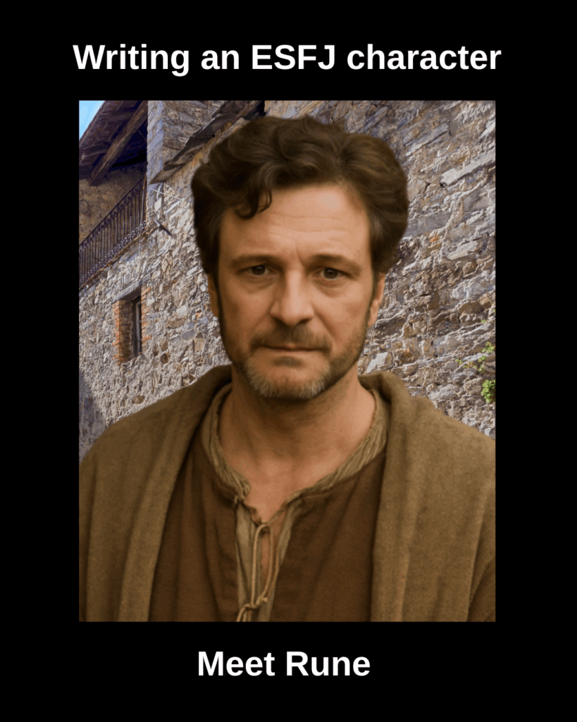 Portrait of Rune, a medieval-style man with wavy brown hair and a beard, wearing simple peasant clothing, with text above reading “Writing an ESFJ character” and below reading “Meet Rune.”