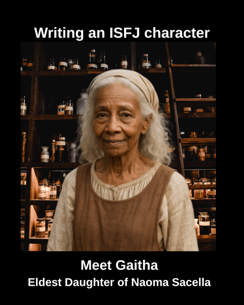 Portrait of Gaitha, a slender elderly woman with white hair in medieval peasant clothing, standing before shelves of apothecary jars. Text reads: “Writing an ISTJ character – Meet Gaitha, Eldest Daughter of Naoma Sacella.”