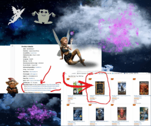 A fantasy-themed collage featuring faeries, goblins, and swirling pink-and-blue magic clouds. In the center is a cheerful winged faery sitting with glowing light in her hand. Below her are screenshots showing Amazon rankings for “Faeries Don’t Lie,” including its category positions and visibility among bestselling YA fantasy titles. Red arrows circle the ranking areas.