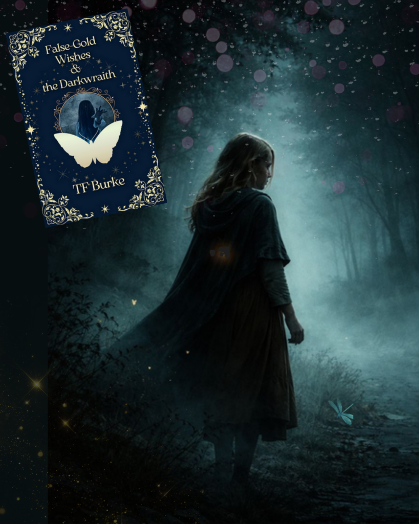 A blonde girl in medieval peasant clothing stands at the edge of a misty forest, slightly turned away, surrounded by teal fog and dark trees. The book cover False-Gold Wishes & the Darkwraith by T.F. Burke appears in the upper left.