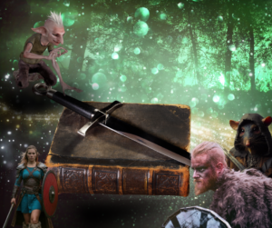 Fantasy collage featuring a large leather-bound book pierced by a dagger, surrounded by a goblin-like creature, armored warriors, and a rat-like character against a glowing green enchanted forest background.