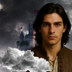 ALT TEXT: A dark-haired young man in medieval-style clothing stands before a storm-covered cloud castle with banners flying from its towers. Thick white clouds drift across the foreground while dark skies gather behind him, creating an ominous fantasy atmosphere.