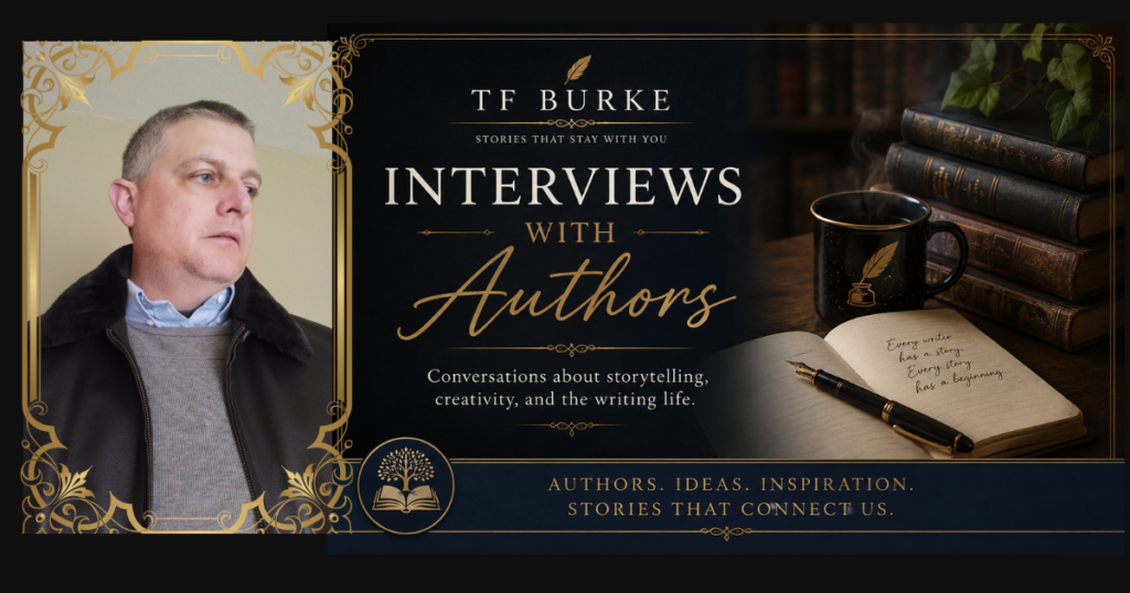 Promotional graphic for TF Burke's Author Interview Series featuring a portrait of award-winning author Joshua Dyer in an ornate gold filigree frame beside a dark, elegant design with stacked books, a steaming coffee mug, an open notebook with a fountain pen, and the title "Interviews with Authors." The graphic includes the tagline: "Conversations about storytelling, creativity, and the writing life."